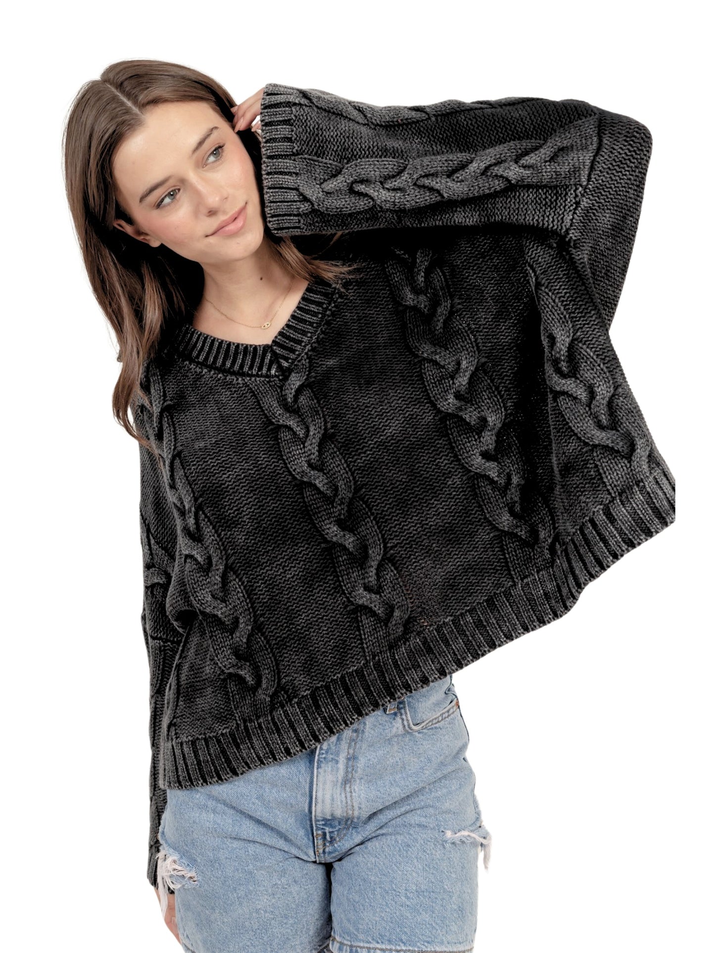 Cable Knit V-Neck Oversized Sweater