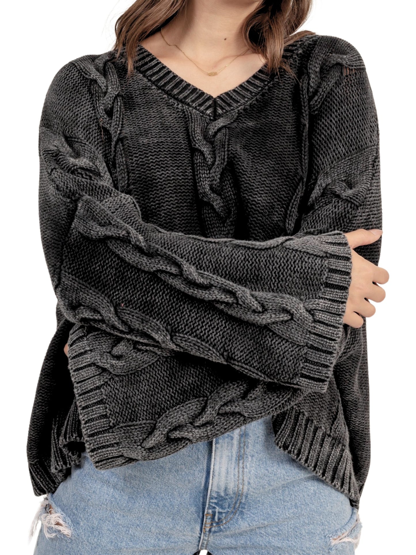 Cable Knit V-Neck Oversized Sweater