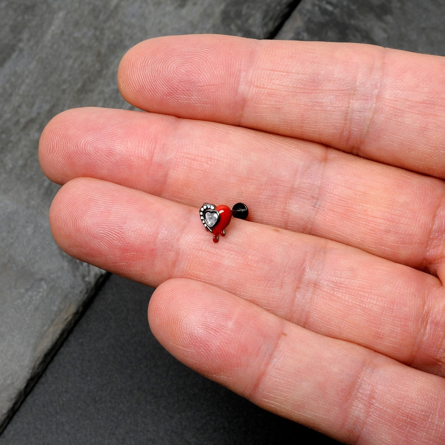 16G 5/16 Clear Gem Black Bleeding Heart Ring