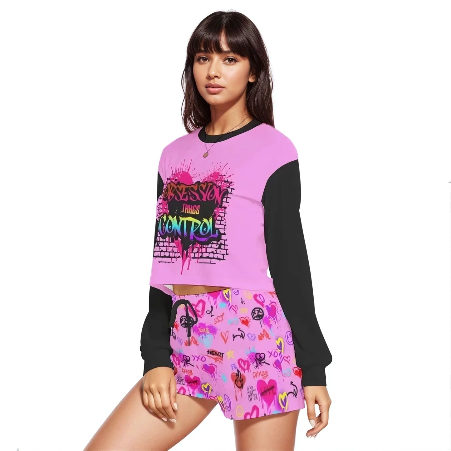 Pink Graffiti Obsessive Love Sweatshirt & Shorts Set
