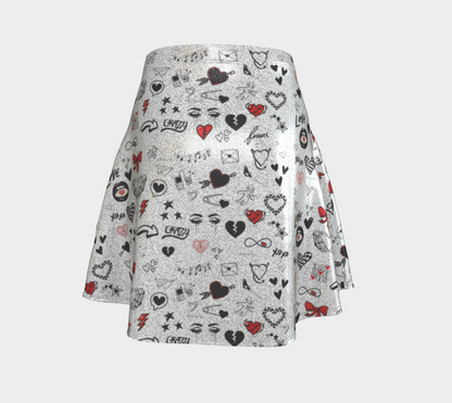 Glittery Emo Love Sketch Flare Skirt